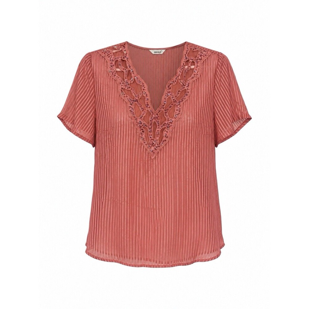 Akalia Sheer Silk Blend Beaded V-Neck Blouse Women’s L Coral‎ Pink Boho Top